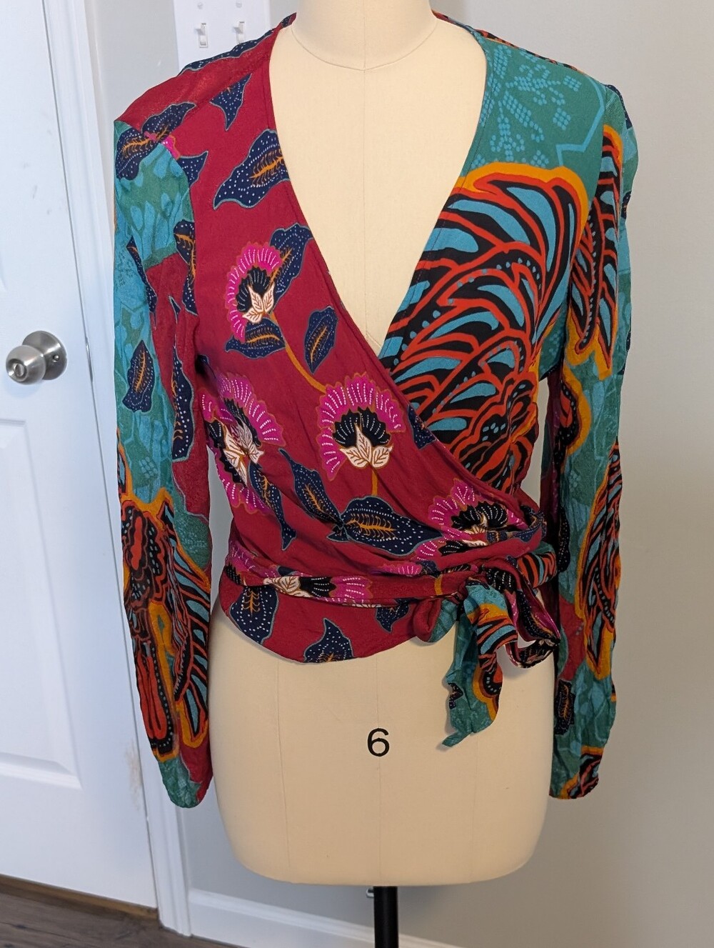 Anthropologie Floral Mixed-Print Wrap Blouse Long Sleeve Size Medium